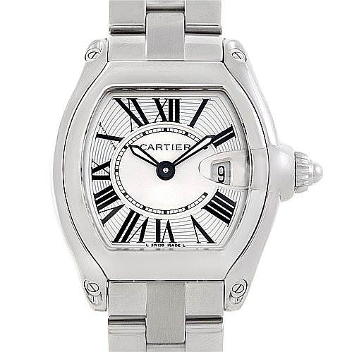 The image shows a Cartier Roadster W62016V3 Women's Stainless Steel Silver Dial W62016V3 Women's Stainless Steel Silver Dial watch from a front angle, displaying the watch face, dial, and part of its bracelet.