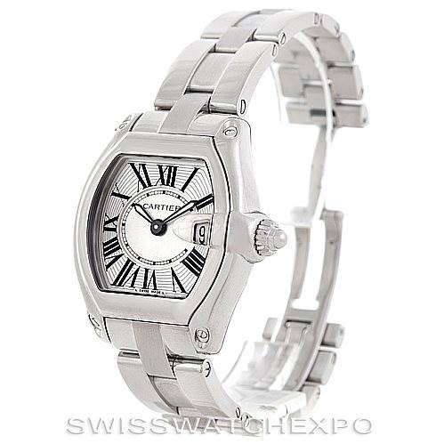 The image shows a Cartier Roadster W62016V3 Women's Stainless Steel Silver Dial W62016V3 Women's Stainless Steel Silver Dial model watch from a 3/4 angle, highlighting the face, bezel, crown, and part of the bracelet.