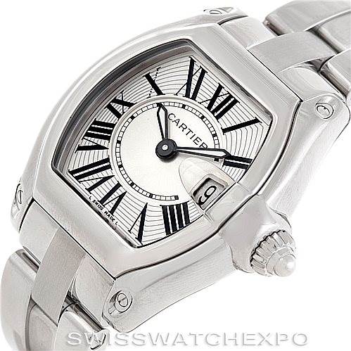 The image shows a close-up of the face and metal bracelet of a Cartier Roadster W62016V3 Women's Stainless Steel Silver Dial W62016V3 Women's Stainless Steel Silver Dial watch from an angled top view.