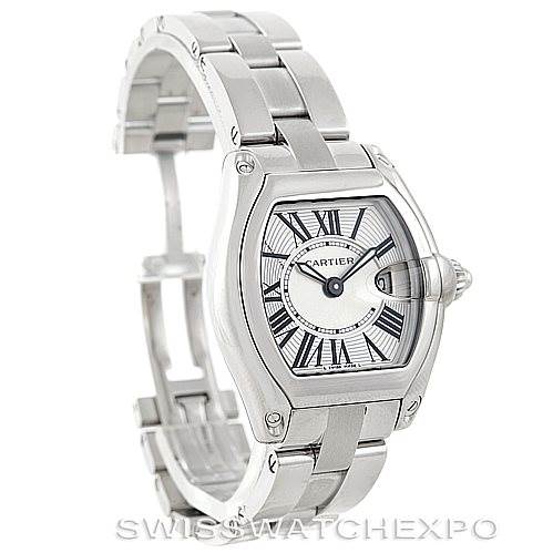 The Cartier Roadster W62016V3 Women's Stainless Steel Silver Dial W62016V3 Women's Stainless Steel Silver Dial watch is shown at a three-quarter angle, displaying its dial, bracelet, and clasp.
