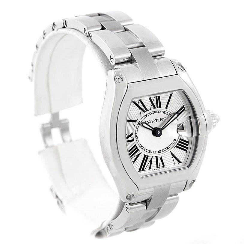 The image shows a Cartier Roadster W62016V3 Women's Stainless Steel Silver Dial W62016V3 Women's Stainless Steel Silver Dial watch from an angled side view, highlighting the dial, case, and bracelet.