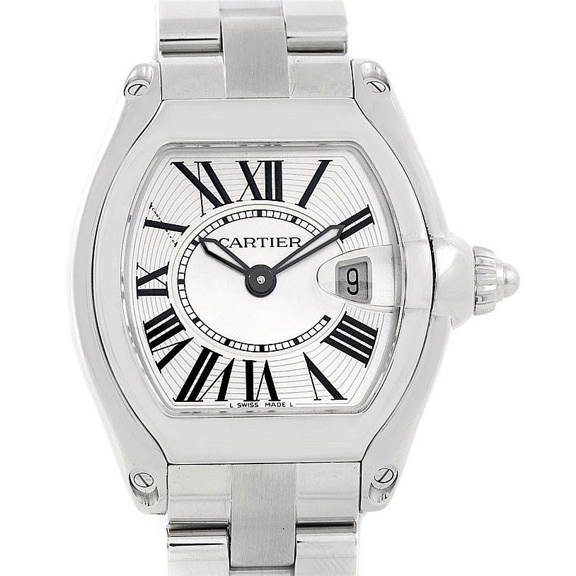 The image shows a front view of the Cartier Roadster W62016V3 Women's Stainless Steel Silver Dial W62016V3 Women's Stainless Steel Silver Dial watch, highlighting the dial, case, and bracelet.