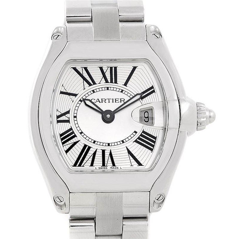 The image shows a front view of the Cartier Roadster watch, highlighting the dial, case, and bracelet.