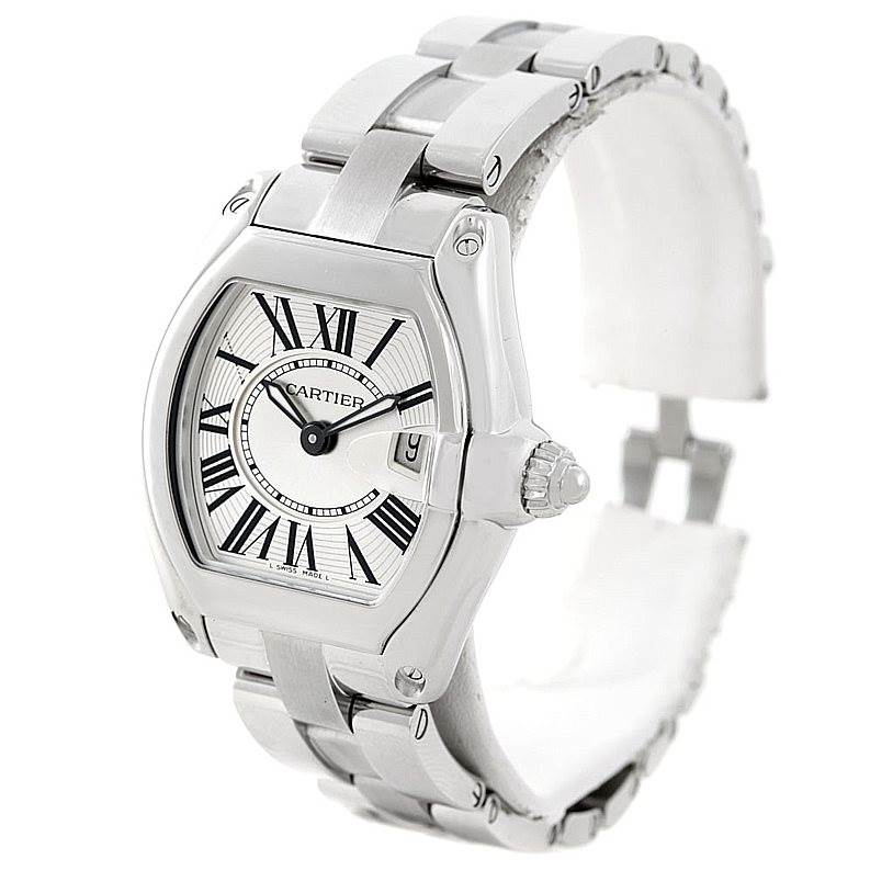 The Cartier Roadster W62016V3 Women's Stainless Steel Silver Dial W62016V3 Women's Stainless Steel Silver Dial watch is shown at a three-quarter angle, displaying the dial, crown, and metal bracelet.