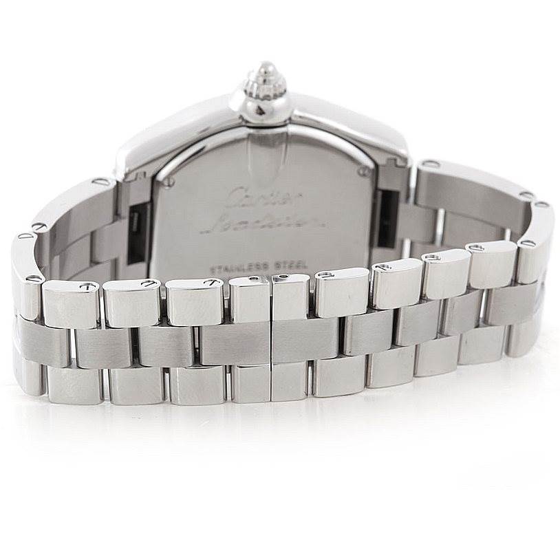 This image shows the back view of the Cartier Roadster W62016V3 Women's Stainless Steel Silver Dial W62016V3 Women's Stainless Steel Silver Dial watch, highlighting the stainless steel case and bracelet.