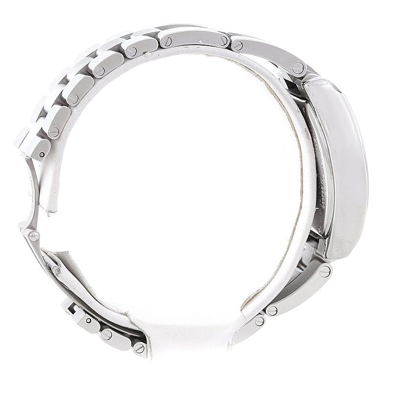 The Cartier Roadster W62016V3 Women's Stainless Steel Silver Dial W62016V3 Women's Stainless Steel Silver Dial watch is shown from a side angle, highlighting its strap and case.