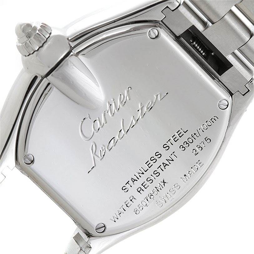 This image shows the back case of a Cartier Roadster W62016V3 Women's Stainless Steel Silver Dial W62016V3 Women's Stainless Steel Silver Dial watch, highlighting its engravings and stainless steel material.