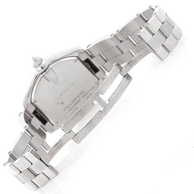 This image shows the back of the Roadster watch by Cartier, highlighting the stainless steel case, bracelet, and clasp.