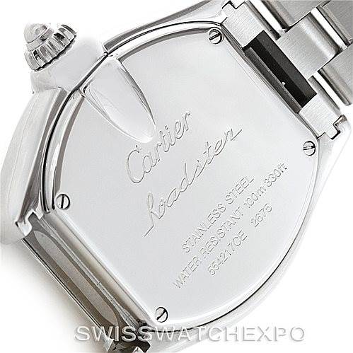 The image shows the case back and part of the bracelet of a Cartier Roadster W62017V3 Women's Stainless Steel Pink Dial W62017V3 Women's Stainless Steel Pink Dial watch.