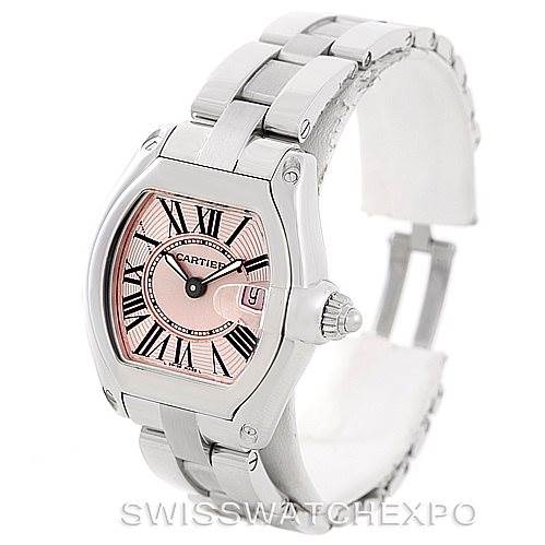 The image shows a Roadster model by Cartier from a front-side angle, highlighting its rectangular dial, stainless steel bracelet, and crown.