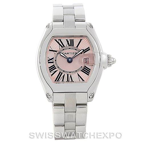 Front view of a Cartier Roadster W62017V3 Women's Stainless Steel Pink Dial W62017V3 Women's Stainless Steel Pink Dial watch showing the face, bezel, and strap.