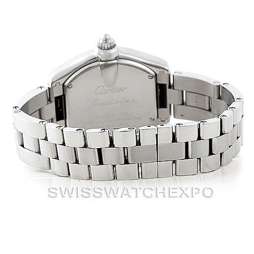 The image features the back view of a Cartier Roadster W62017V3 Women's Stainless Steel Pink Dial W62017V3 Women's Stainless Steel Pink Dial watch, showcasing its bracelet and case back.