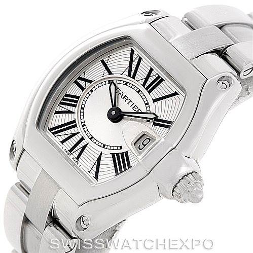 The image shows a Cartier Roadster W62016V3 Women's Stainless Steel Silver Dial W62016V3 Women's Stainless Steel Silver Dial watch at a slight top-side angle, highlighting its dial, crown, and part of the bracelet.