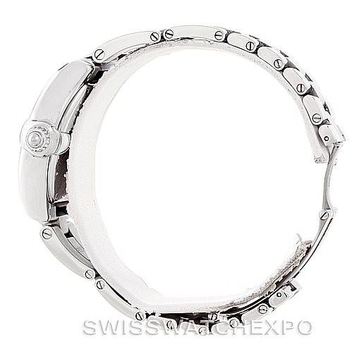 The image shows a side view of a Cartier Roadster W62016V3 Women's Stainless Steel Silver Dial W62016V3 Women's Stainless Steel Silver Dial watch, focusing on the case, crown, and metal bracelet.