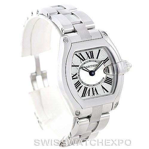 This image shows the front and side view of the Cartier Roadster W62016V3 Women's Stainless Steel Silver Dial W62016V3 Women's Stainless Steel Silver Dial watch, detailing its bracelet and face.