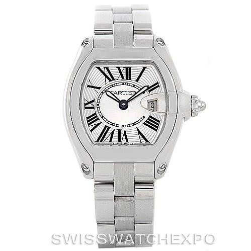 The image shows a front view of the Cartier Roadster W62016V3 Women's Stainless Steel Silver Dial W62016V3 Women's Stainless Steel Silver Dial model watch, highlighting its dial, bracelet, and crown.