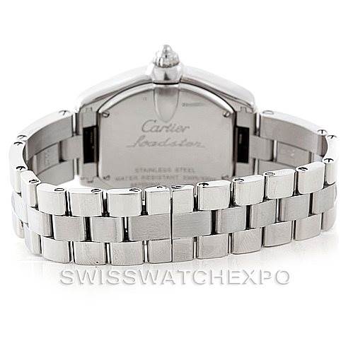 The image shows the back view of a Cartier Roadster W62016V3 Women's Stainless Steel Silver Dial W62016V3 Women's Stainless Steel Silver Dial watch, highlighting its stainless steel bracelet and case back.