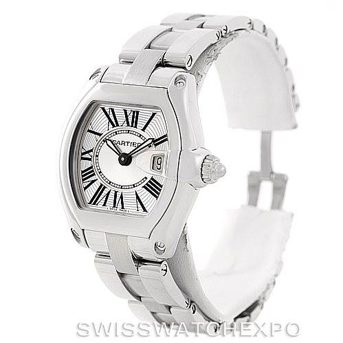 The Cartier Roadster W62016V3 Women's Stainless Steel Silver Dial W62016V3 Women's Stainless Steel Silver Dial watch is shown at an angled view, displaying the face, bezel, and part of the bracelet.