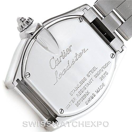 The image shows the back and part of the bracelet of a Cartier Roadster W62016V3 Women's Stainless Steel Silver Dial W62016V3 Women's Stainless Steel Silver Dial watch.