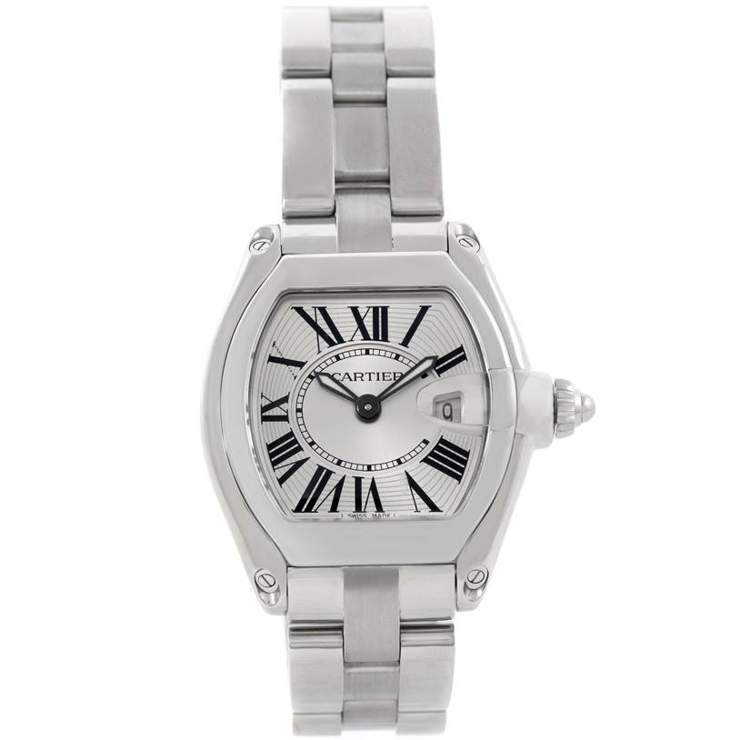 This Cartier Roadster W62016V3 Women's Stainless Steel Silver Dial W62016V3 Women's Stainless Steel Silver Dial watch is shown from a front angle, displaying its dial, bracelet, and crown.