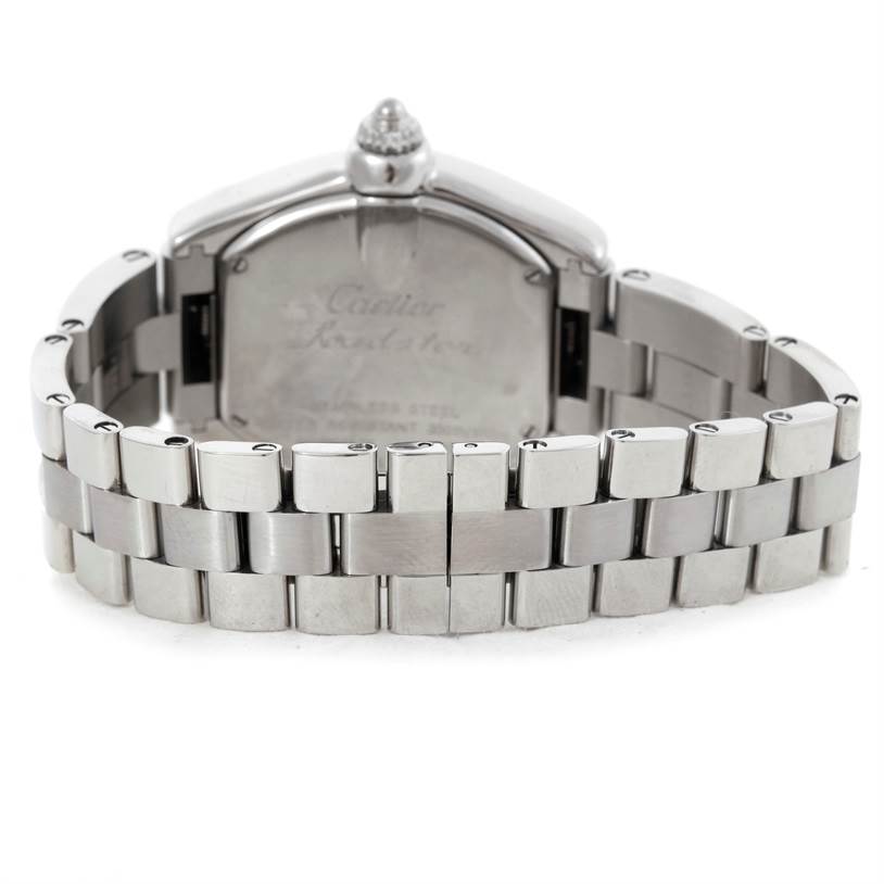The image shows the back and bracelet of a Cartier Roadster W62016V3 Women's Stainless Steel Silver Dial W62016V3 Women's Stainless Steel Silver Dial watch from a rear angle.