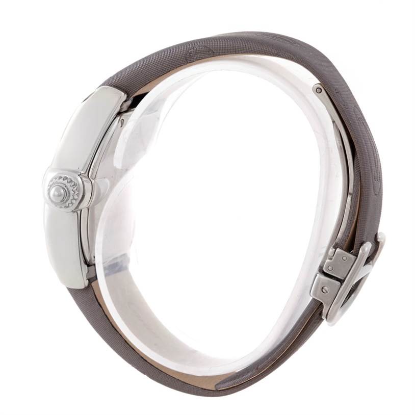 This image shows the side profile, crown, and part of the strap of a Cartier Roadster W62016V3 Women's Stainless Steel Silver Dial W62016V3 Women's Stainless Steel Silver Dial watch.