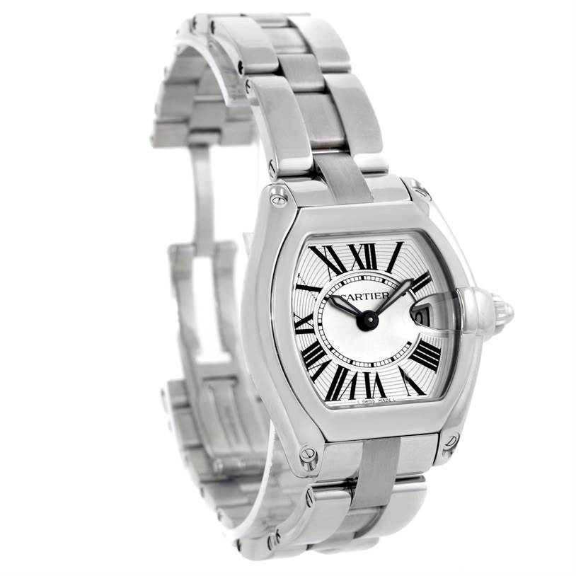 The image shows a Cartier Roadster W62016V3 Women's Stainless Steel Silver Dial W62016V3 Women's Stainless Steel Silver Dial watch at a front angle, highlighting the dial, stainless steel case, and bracelet.