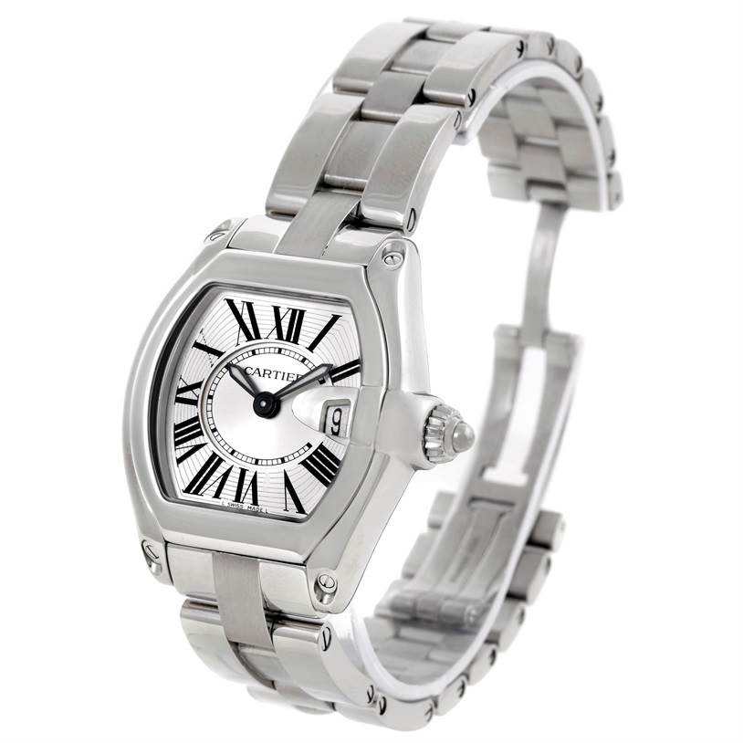 The Cartier Roadster W62016V3 Women's Stainless Steel Silver Dial W62016V3 Women's Stainless Steel Silver Dial watch is shown at an angle highlighting the face, crown, and bracelet.