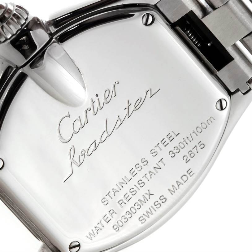The image shows the back of a Cartier Roadster W62016V3 Women's Stainless Steel Silver Dial W62016V3 Women's Stainless Steel Silver Dial watch, highlighting its engraving and stainless steel case information.