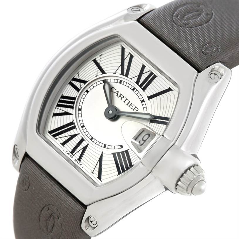 The image shows a close-up, angled view of the face and strap of a Cartier Roadster W62016V3 Women's Stainless Steel Silver Dial W62016V3 Women's Stainless Steel Silver Dial watch.
