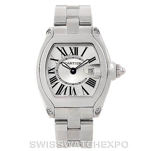 This image shows a frontal view of the Cartier Roadster W62016V3 Women's Stainless Steel Silver Dial W62016V3 Women's Stainless Steel Silver Dial watch, detailing its dial, bezel, and bracelet.