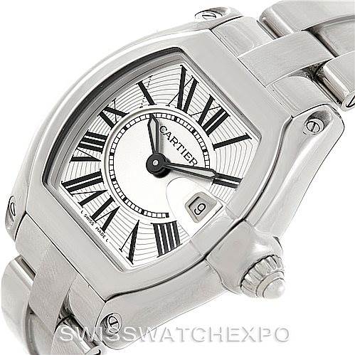 The image shows a Cartier Roadster W62016V3 Women's Stainless Steel Silver Dial W62016V3 Women's Stainless Steel Silver Dial watch at an angled view, highlighting the dial, bezel, bracelet, and crown.