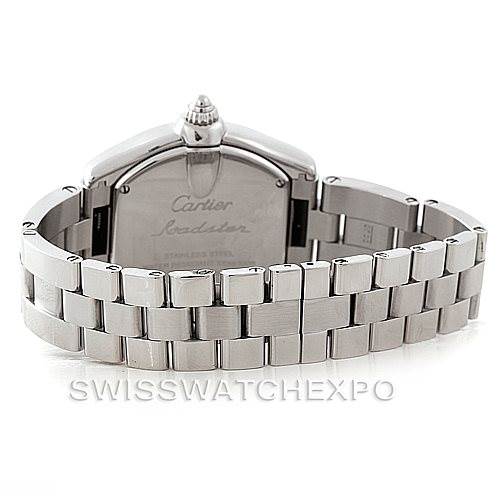 This image shows the back and bracelet of a Cartier Roadster W62016V3 Women's Stainless Steel Silver Dial W62016V3 Women's Stainless Steel Silver Dial watch, highlighting the clasp and the engraved case back.