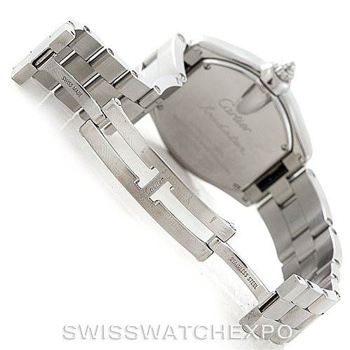 The image shows the back and clasp of a Cartier Roadster W62016V3 Women's Stainless Steel Silver Dial W62016V3 Women's Stainless Steel Silver Dial watch with its stainless steel bracelet fully extended.