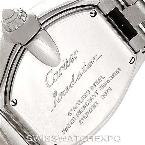 This image shows the back case and part of the bracelet of the Cartier Roadster W62016V3 Women's Stainless Steel Silver Dial W62016V3 Women's Stainless Steel Silver Dial watch.
