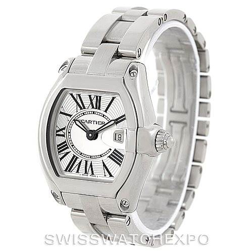 The image shows a Cartier Roadster W62016V3 Women's Stainless Steel Silver Dial W62016V3 Women's Stainless Steel Silver Dial watch from an angled front view, highlighting its face, bezel, crown, and bracelet.