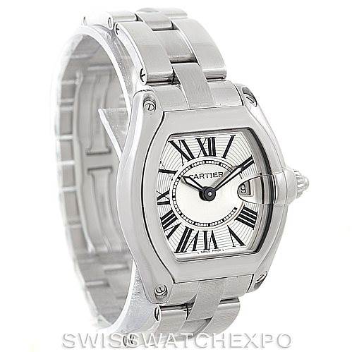 The Cartier Roadster W62016V3 Women's Stainless Steel Silver Dial W62016V3 Women's Stainless Steel Silver Dial watch is shown from an angled front view, displaying the face, bezel, and part of the bracelet.
