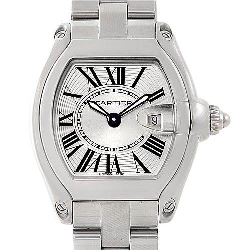The image shows a front view of a Cartier Roadster W62016V3 Women's Stainless Steel Silver Dial W62016V3 Women's Stainless Steel Silver Dial watch, highlighting its Roman numeral dial and date window.