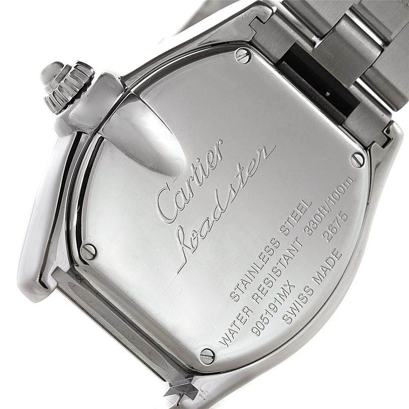 This image shows the back case of a Cartier Roadster W62017V3 Women's Stainless Steel Pink Dial W62017V3 Women's Stainless Steel Pink Dial watch, highlighting the brand, model name, and specifications.