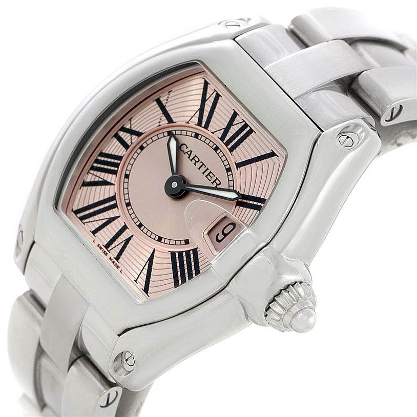 This image shows a top-side close-up of the Cartier Roadster W62017V3 Women's Stainless Steel Pink Dial W62017V3 Women's Stainless Steel Pink Dial watch, highlighting its dial, bezel, and part of the bracelet.