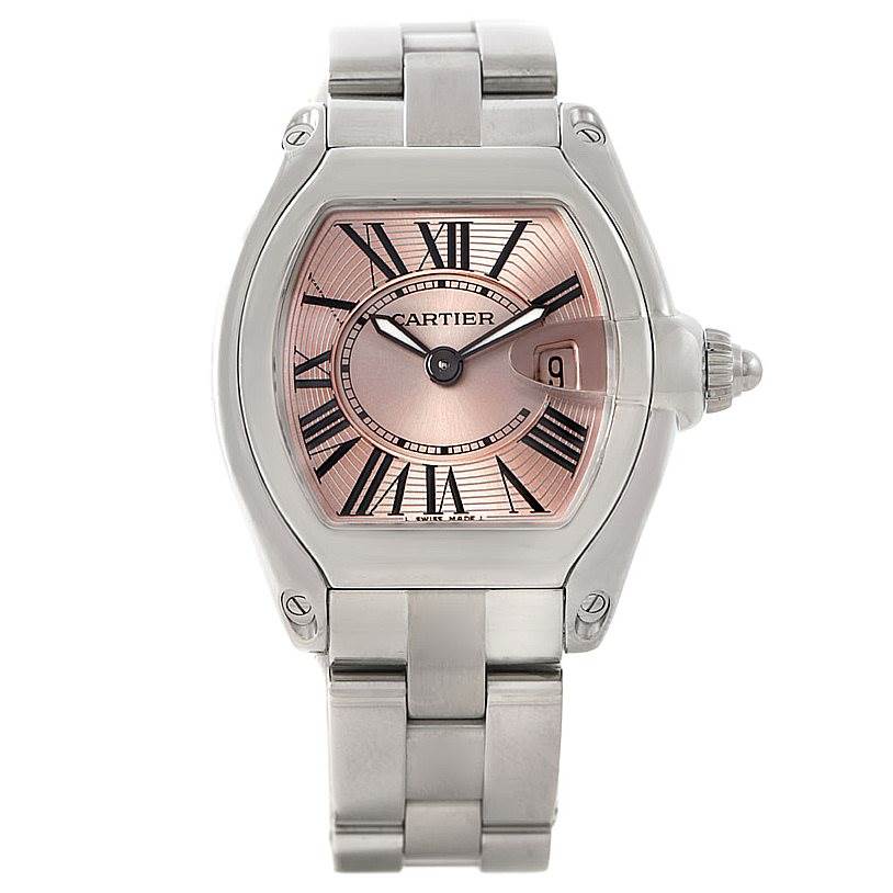This image shows a front view of the Cartier Roadster W62017V3 Women's Stainless Steel Pink Dial W62017V3 Women's Stainless Steel Pink Dial watch, highlighting the face, bezel, case, crown, and bracelet.