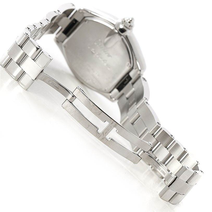 This image shows the back and partially open bracelet clasp of a Cartier Roadster W62017V3 Women's Stainless Steel Pink Dial W62017V3 Women's Stainless Steel Pink Dial watch.