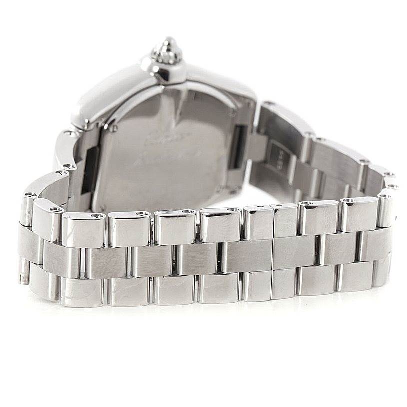 The image shows the back case and bracelet of a Cartier Roadster W62017V3 Women's Stainless Steel Pink Dial W62017V3 Women's Stainless Steel Pink Dial watch at an angled back view.