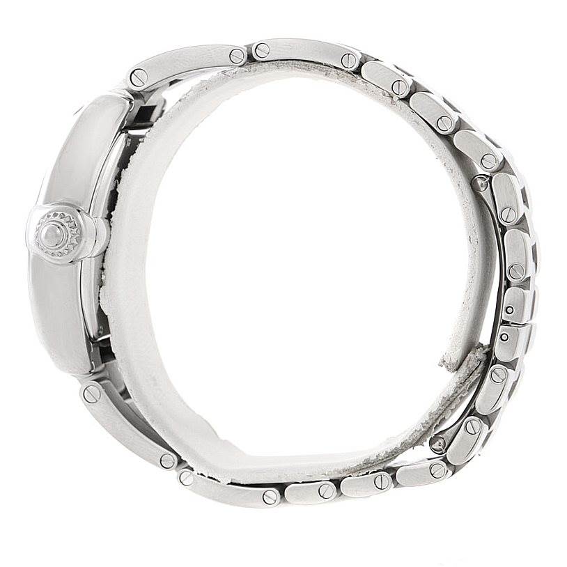 This image shows a side view of the Cartier Roadster W62017V3 Women's Stainless Steel Pink Dial W62017V3 Women's Stainless Steel Pink Dial watch, highlighting its crown and metal bracelet.