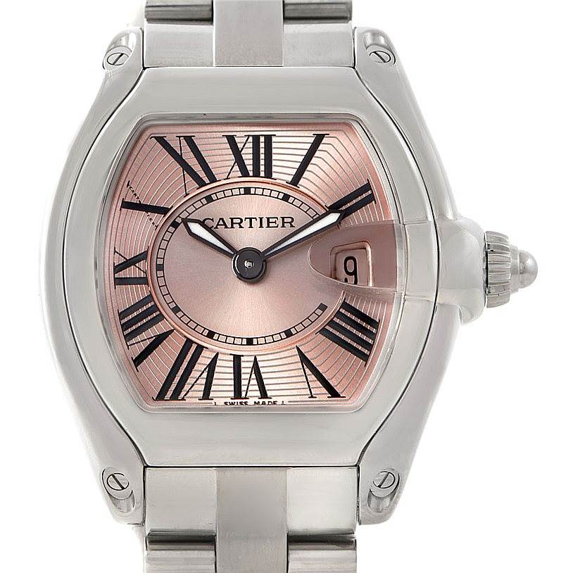 The image shows a close-up front view of a Cartier Roadster W62017V3 Women's Stainless Steel Pink Dial W62017V3 Women's Stainless Steel Pink Dial watch, highlighting its face, bezel, and metal bracelet.