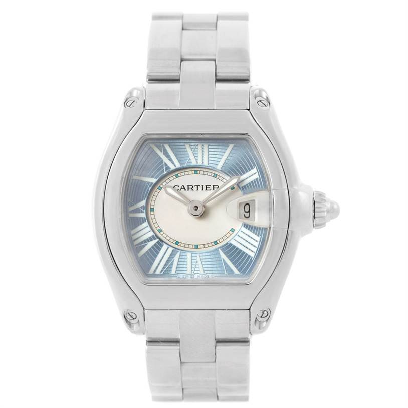 The image shows a front view of the Cartier Roadster W62053V3 Women's Stainless Steel Blue Dial W62053V3 Women's Stainless Steel Blue Dial watch, displaying the face and bracelet.