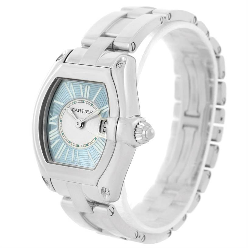 This is a Cartier Roadster W62053V3 Women's Stainless Steel Blue Dial W62053V3 Women's Stainless Steel Blue Dial watch, shown at an angle emphasizing its face, crown, and metal bracelet.