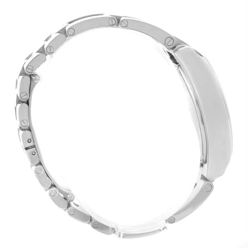 This image shows a side view of the band and case of the Cartier Roadster W62053V3 Women's Stainless Steel Blue Dial W62053V3 Women's Stainless Steel Blue Dial watch.