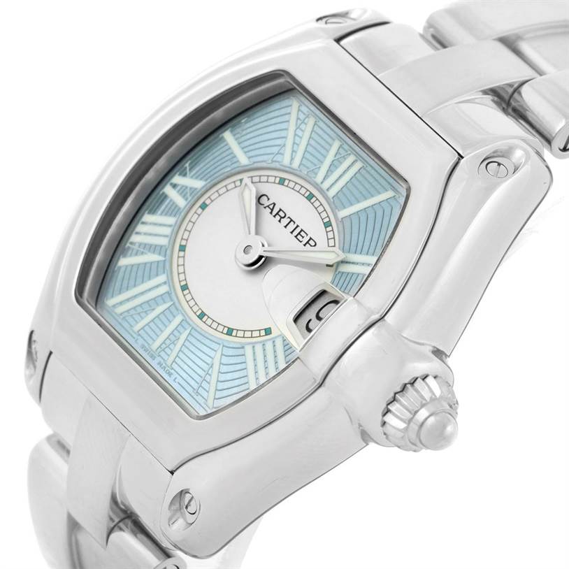 This image shows a close-up, angled view of the Cartier Roadster W62053V3 Women's Stainless Steel Blue Dial W62053V3 Women's Stainless Steel Blue Dial watch, highlighting the dial, case, crown, and part of the stainless steel bracelet.