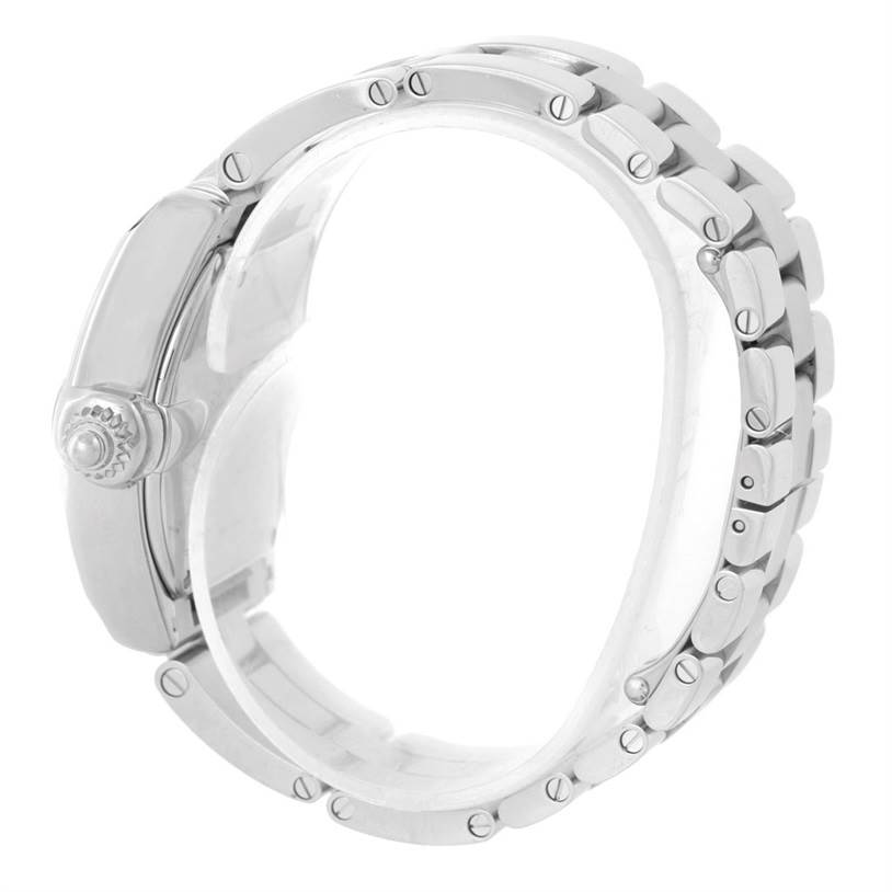 The image shows a side view of the Cartier Roadster W62053V3 Women's Stainless Steel Blue Dial W62053V3 Women's Stainless Steel Blue Dial watch, highlighting the crown and part of the bracelet.